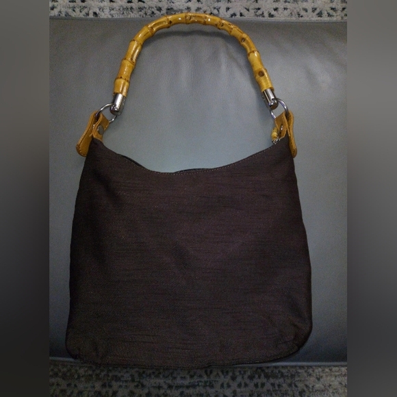 Silky Brown Satchel Purse with Bamboo Top Handle - Picture 10 of 10